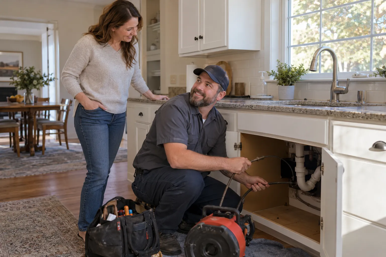 A friendly local plumber showing a homeowner the drain cleaning tools in a kitchen in Friendswood